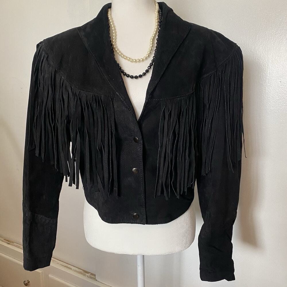 VTG 80s Black Suede Leather Fringe Cropped Western Jacket Hecho En Mexico L